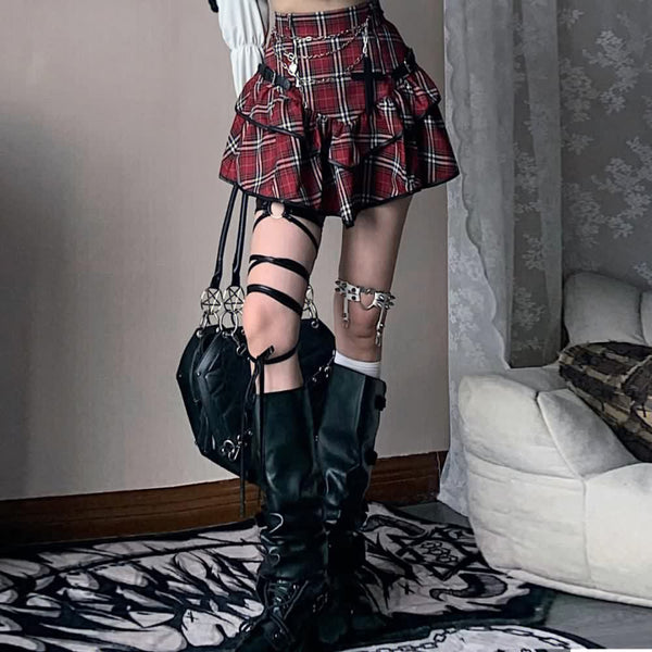 Red Plaid Gothic Punk Mini Skirt