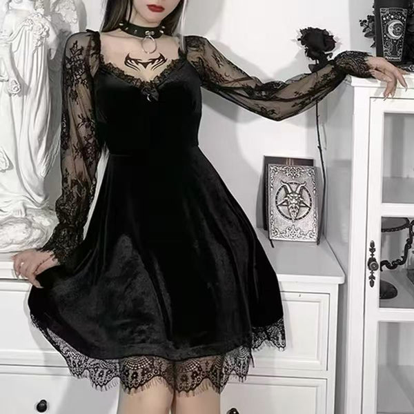 Gothic V-Neck Lace Flare Sleeve Dress