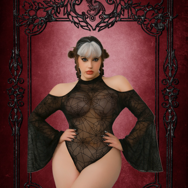 Gothic Off Shoulder Teddy With Flared Sleeves-Plus Size