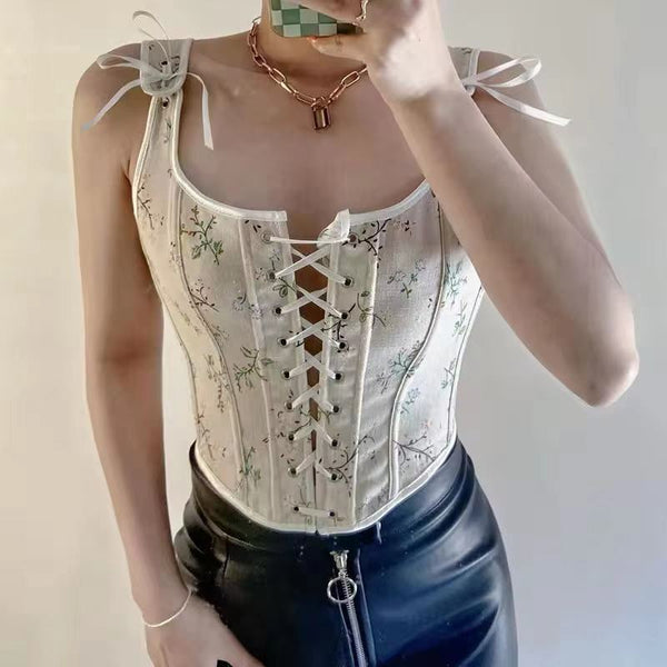 Vintage Floral Steampunk Overbust Corset Crop-Linen