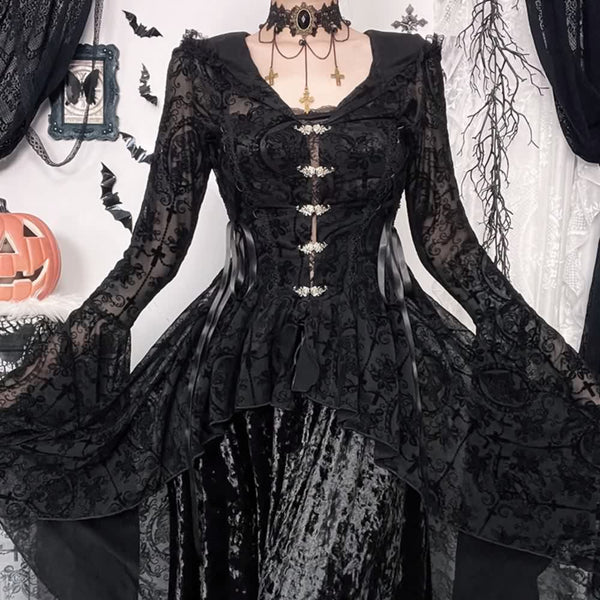 Black Gothic Lace Hooded Bell Sleeve Dress