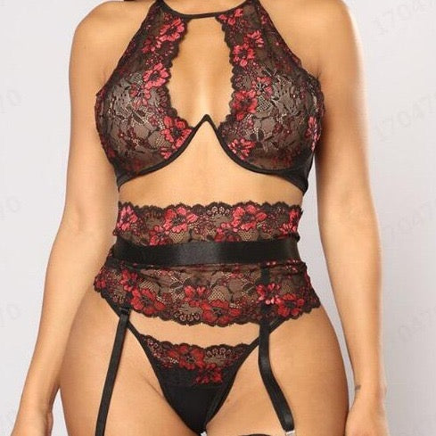 Elegant Halter Neck Embroidered Lingerie Set