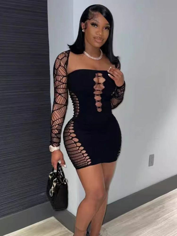 Chic Bodycon Long Sleeve Fishnet Mini Dress