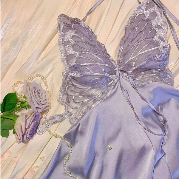 Deep V Butterfly Silky Lace Babydoll Nightgown