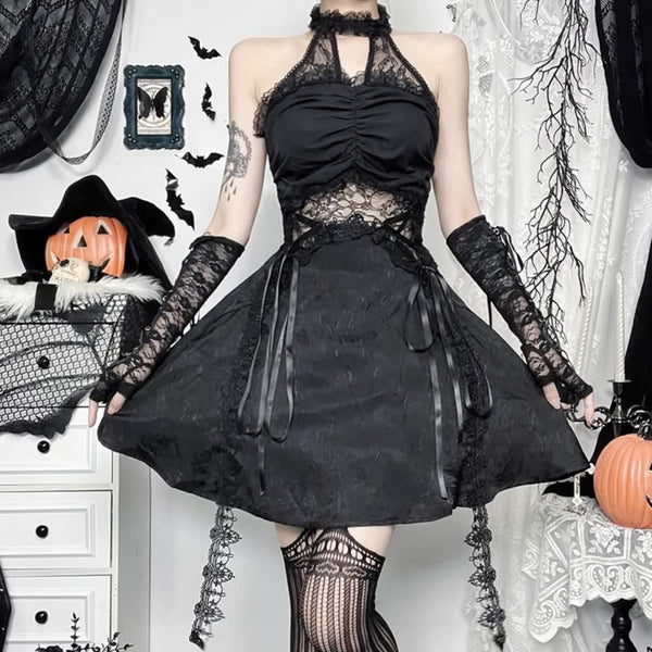 Black Gothic Lace Halter Dress