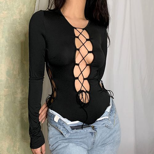 Long-Sleeve Plain Lace-Up Bodysuit Top